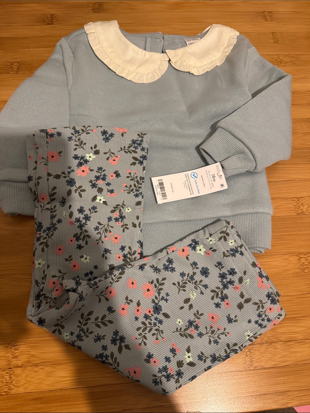 Light Blue Girls' Floral Set with Cream Peter Pan Collar